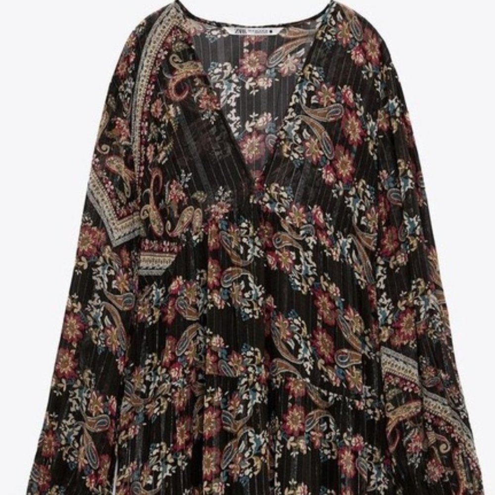 Zara Metallic Thread Paisley Print Boho Mini Dress